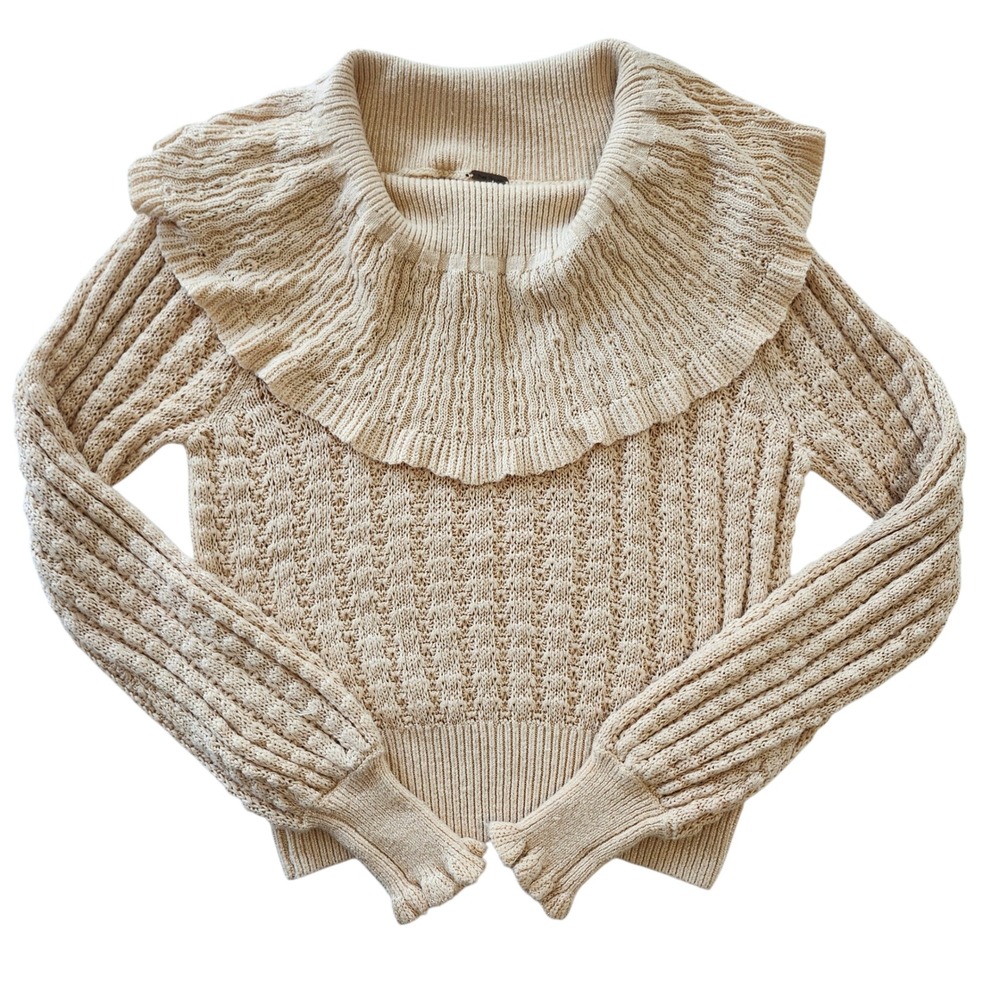 Free People Crazy in Love Cream Beige Linen Blend Ruffle Collar Knit Sweater S